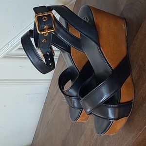 Tory Burch Almita Camel Navy Leather Wedge Sandal Platform Women Heel Size 8.5 M